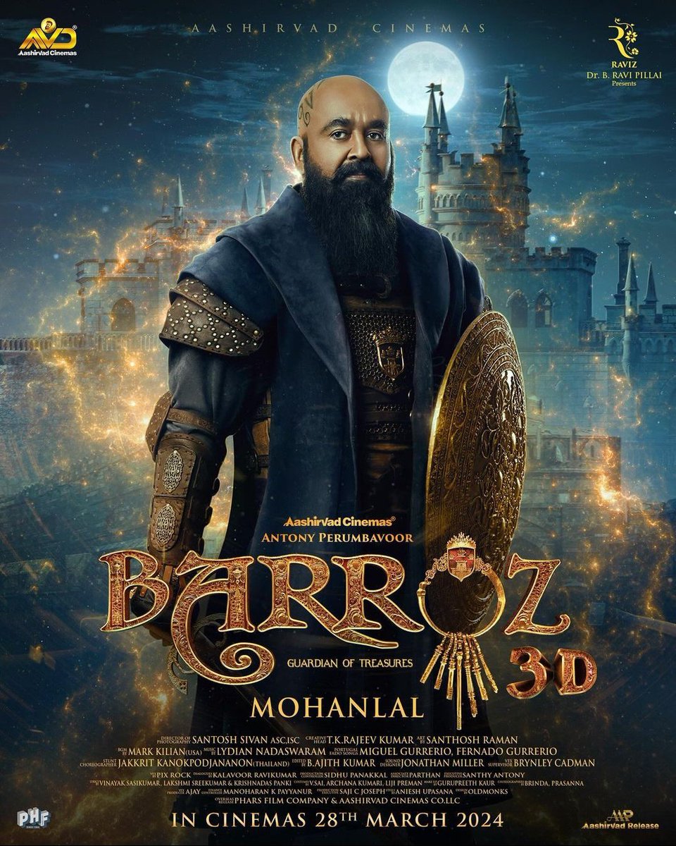 This is an official announcement to mark your calendars – 'Barroz' is coming to cinemas on 28th March 2024! Here's a special little 3D present to help you in the wait. 

Don't miss out on what's next.

#BarrozOnmarch28th
#Barroz3D

#TKRajeevkumar #SantoshSivan #AntonyPerumbavoor