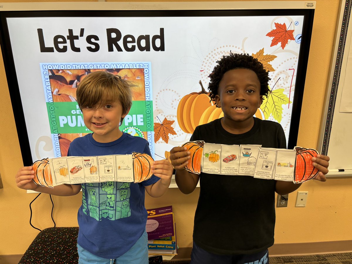 linke79's tweet photo. We added a new lesson to our annual “Pumpkin Day” festivities that fit in with our social studies unit. We ate a piece of pumpkin pie and learned how that big orange squash travels from farm to table. We created a pumpkin sequence book to show what we learned! @arborridgek8 https://t.co/8vZNvnwnm4