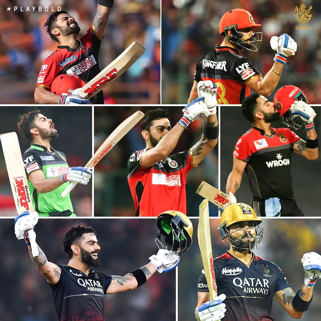 RCBTweets's tweet photo. Just 7️⃣ hours to go for the King's birthday, and here's a collage of his 7️⃣ IPL tons 👑💯

#PlayBold #ನಮ್ಮRCB #IPL @imVkohli https://t.co/iNQcsNCxao