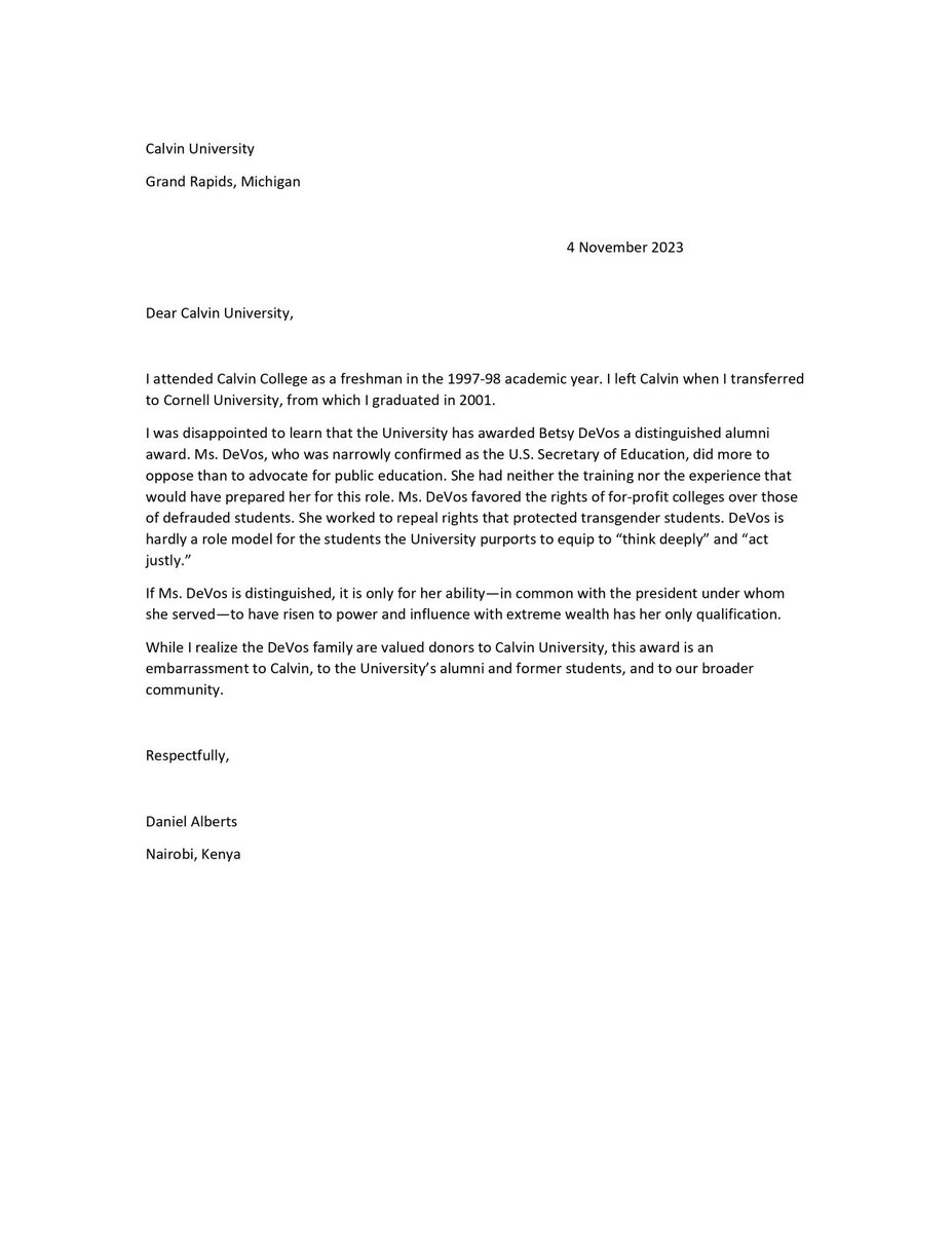 DanielAlberts7's tweet photo. A letter to ⁦⁦@Calvin_Uni⁩ re: ‘distinguished’ alumni. https://t.co/NG1PIdH13u