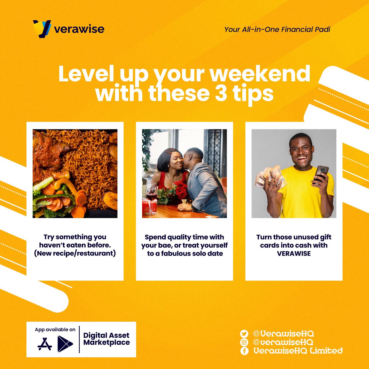 VerawiseHQ's tweet photo. Add some flavors to your weekend plans by trying any/all of these tips ✨ 

Let's make this weekend one to remember! 💫 And don’t forget to to follow @verawisehq on all our social media platforms 😉🤟🏾

#verawise #verapay #verastore #weekend #premierleague https://t.co/oCwdApvzrG