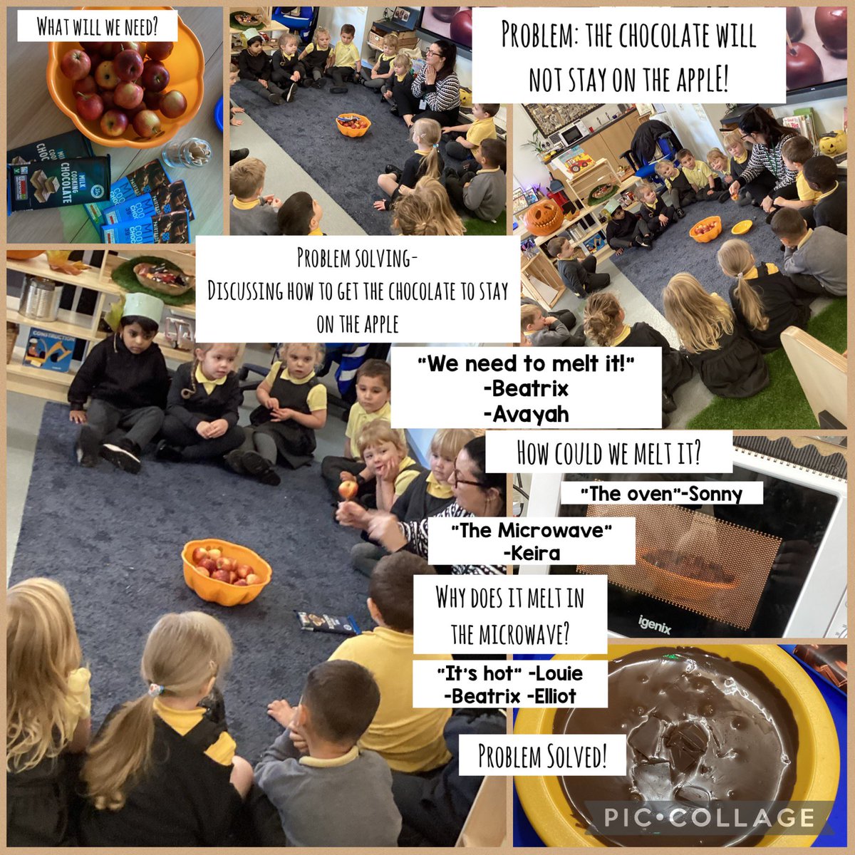 PROBLEM SOLVING in NURSERY …how can we get the chocolate to stay on our apples? #chocolatecoveredapples
#UtW #thinking #problemsolving #sharingideas #discussing  
#learningthroughPLAY #learningthroughexperiences #meaningfulopportunities @mesne_lea