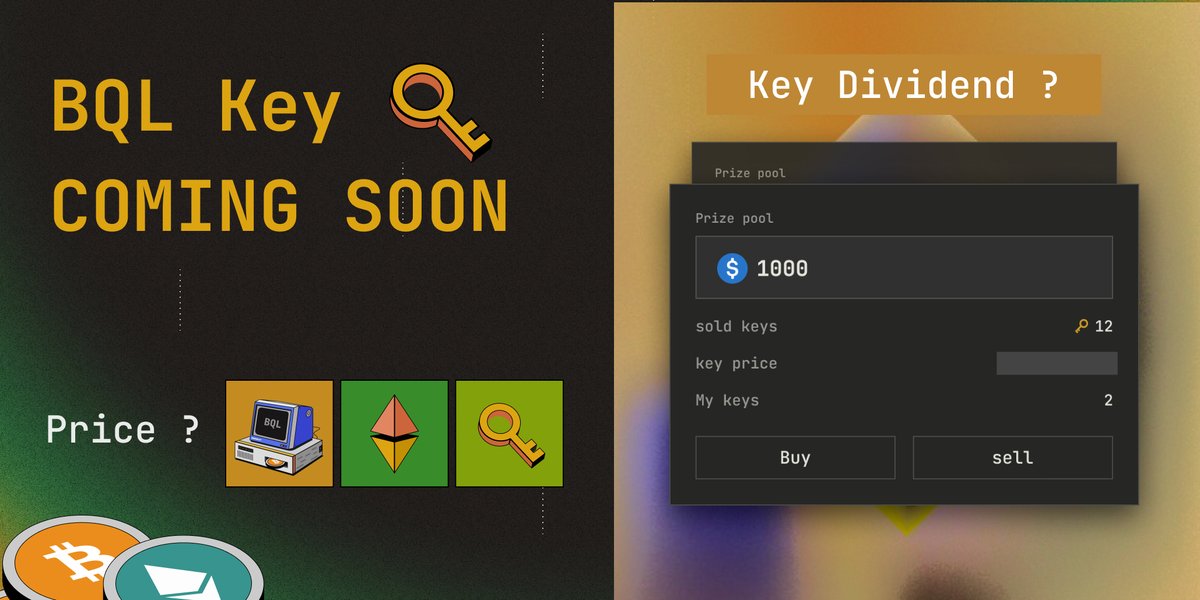 Get ahead with a sneak peek into the #BQL Key gameplay!

𝗕𝗤𝗟 𝗞𝗲𝘆 = 𝗘𝗾𝘂𝗶𝘁𝘆 𝗖𝗲𝗿𝘁𝗶𝗳𝗶𝗰𝗮𝘁𝗲 + 𝗘𝗥𝗖𝟳𝟮𝟭 𝗡𝗙𝗧

This means you can:
✔️Get dividends from a BQL reward pool by buying a Key 
✔️Trade the Key in the #NFT marketplace 

📌 The price of Key is