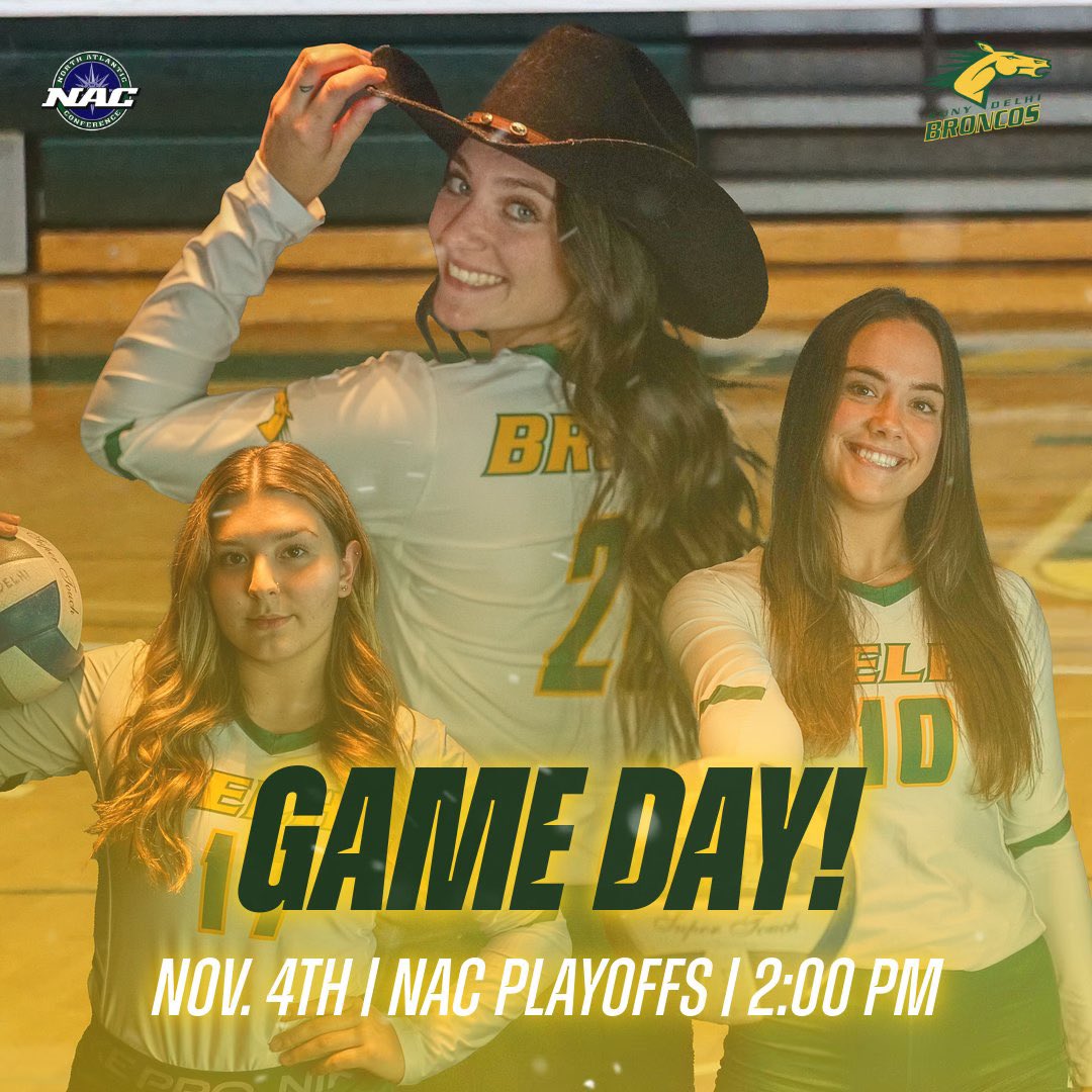 Playoffs Start Today!

<a href="/SUNYDelhiVB/">SUNY Delhi Volleyball</a> heads to Eastern Naz for the first round of the NAC Tournament today at 2 PM!

Let’s go Broncos!🐎

#wedigdelhi #delhidrive