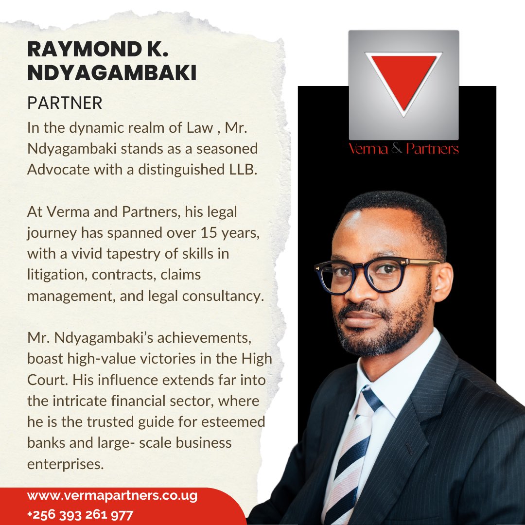 vermapartnersug's tweet photo. With poise, attentiveness, and 15 years of unwavering legal expertise, Mr. Raymond Ndyagambaki enriches our law firm's capabilities⚖️🇺🇬

🌐💼 #legalmastery #financialwizard #trustedadvisor #lawfirm #lawfirmuganda #kampala #kampalauganda #uganda https://t.co/zmWvuo6Gnx