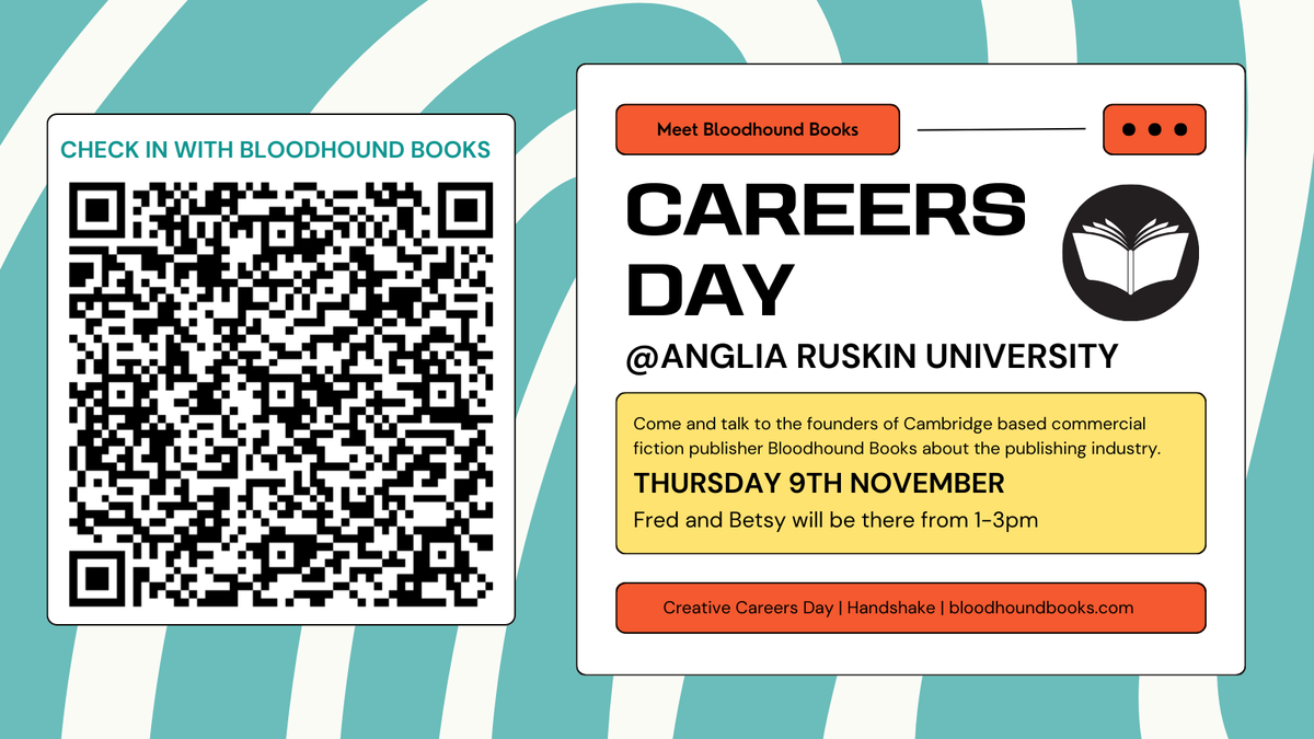 Interested in starting a career in publishing? 
Bloodhound Books Co-Founders Fred and Betsy will be attending the Anglia Ruskin University Creative Careers Day from 1 to 3 PM on the 9th of November and are eager to answer any questions you have! Come say Hi 👋