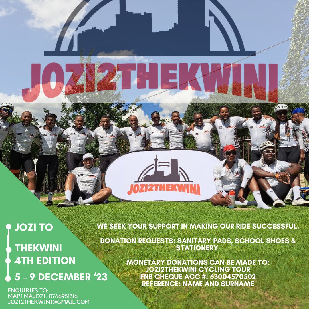 Another call up to do good and give back to the less fortunate
I’m part of 20 cyclists taking on the journey from Jozi to Mdubane in pursuit to give back and impact lives, please support us and make a pledge

#Jozi2Thekwini 
#5DayTour
#SafeRoadsForCyclists
#MakingAnImpact