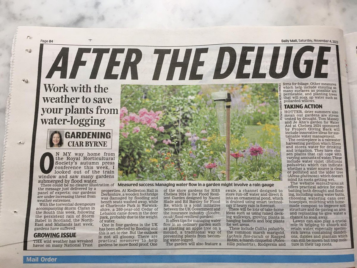 Thanks @wildecarrot for mentioning our #RHSChelsea #FloodResilientGarden in the Mail today!
In the face of the sort of extreme weather we have just had, we are looking forward to bringing lots of ideas and solutions to next year's show!
<a href="/floodre/">Flood Re</a> <a href="/edbarsley/">Ed Barsley</a> <a href="/GdnMediaGuild/">Garden Media Guild</a> <a href="/The_RHS/">The RHS</a>
