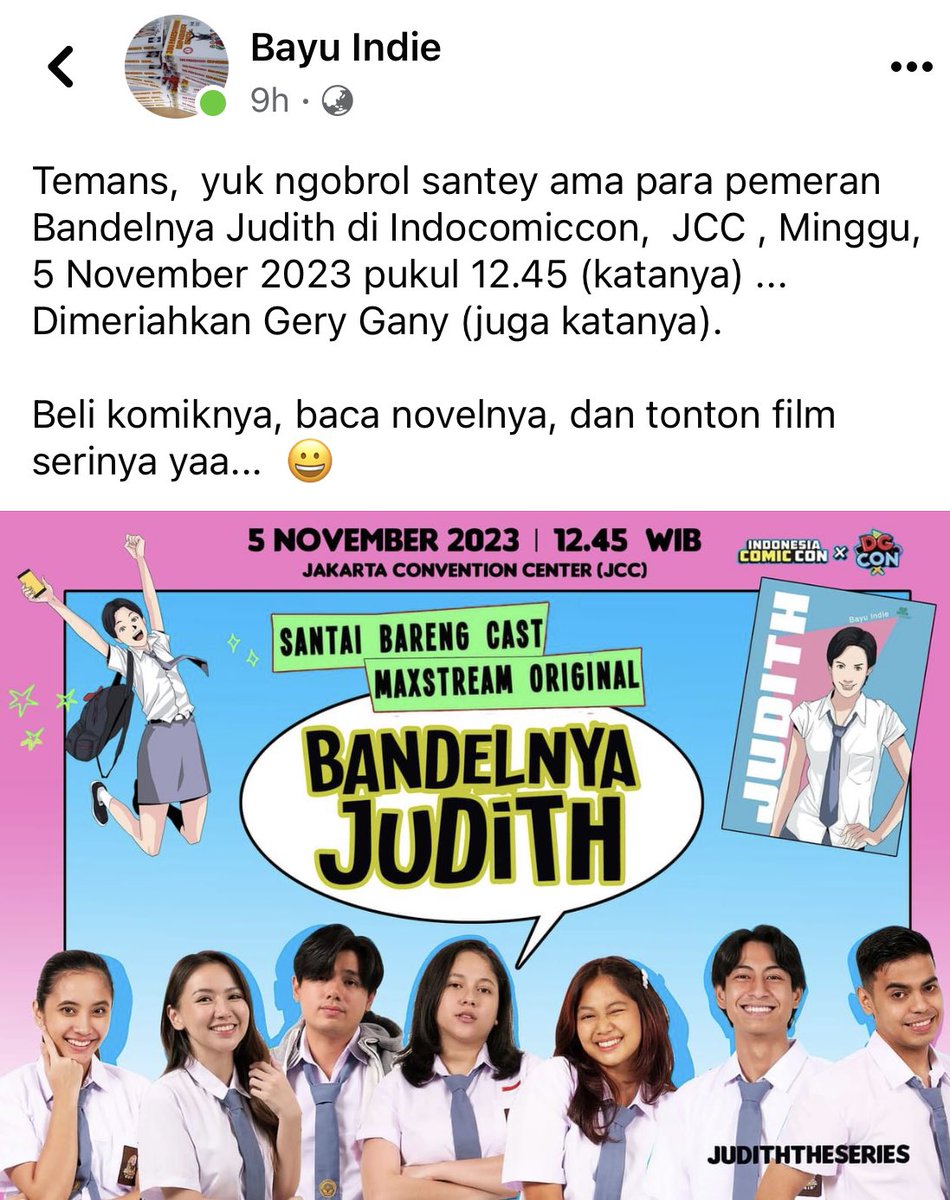 mosmarth's tweet photo. Masih di #indocomiccon ada film seri yang diangkat dari komik dan novel “Bandelnya Judith” karya Bayu Indie.
Beberapa belas tahun lalu, ini mungkin cuma mimpi, tapi hari ini, #cergam bisa menjadi IP yang menggerakkan industri kreatif lokal https://t.co/yMkOZtqV2S