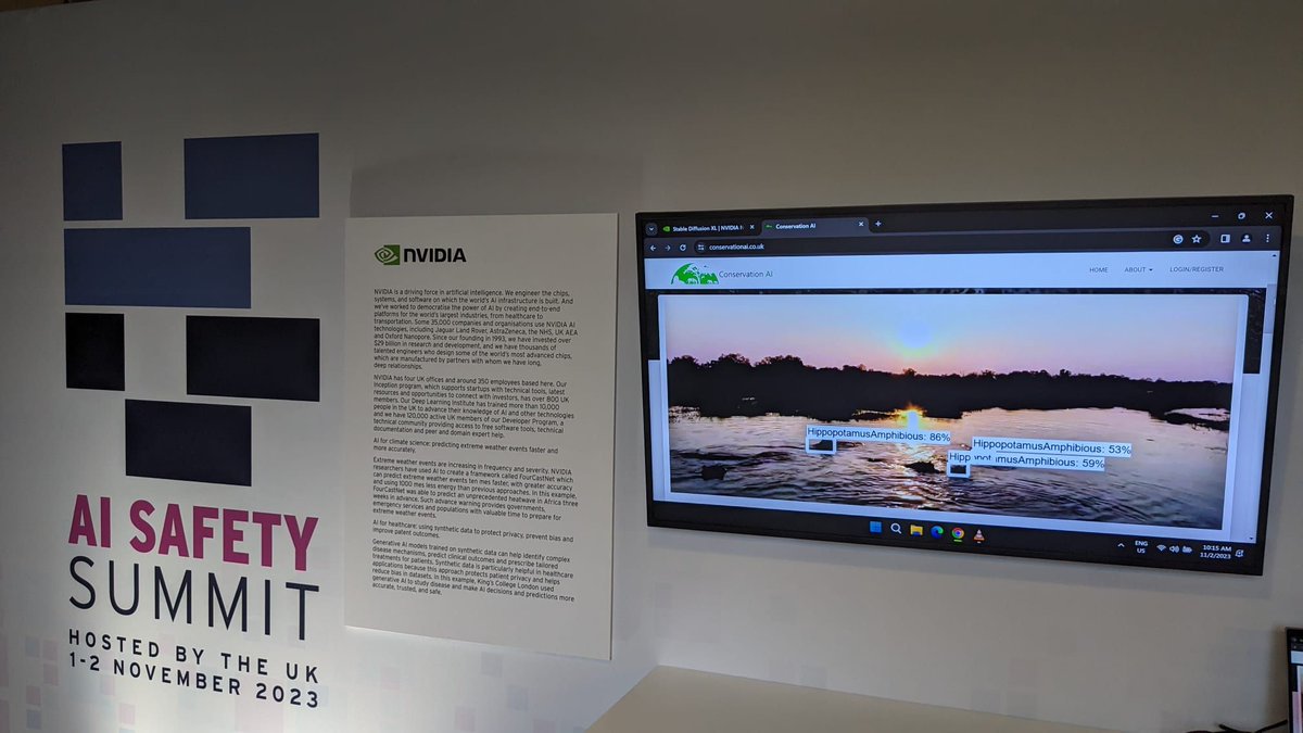 Great to see @ai_conservation showcased by ross verrall at the @nvidia bothe in the @AISafetySummit #AISafetySummit this week where @elonmusk, @ylecun, @sama attended. An amazing week - first @Nature and @sciam publications, then this. Amazing!!! @LJMU @ChalmersCarl