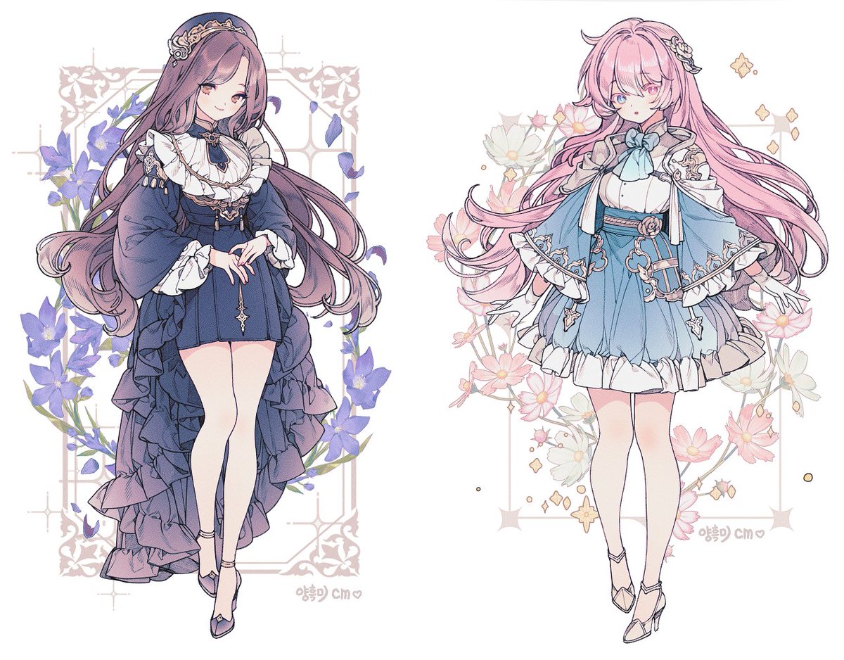 multiple girls 2girls long hair pink hair flower brown hair skirt  illustration images