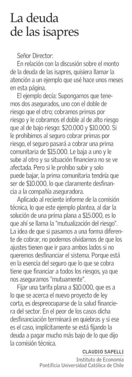 ccifuentesh's tweet photo. Esta carta lo explica claro: el afán del @GobiernodeChile por dañar a las ISAPRES, las hará quebrar. En ese escenario los afiliados no sólo deben caer en FONASA, además no recuperan un peso de los cobros en exceso. Típico del @PCdeChile; políticas en que todos pierden. https://t.co/gj3cFjLotD