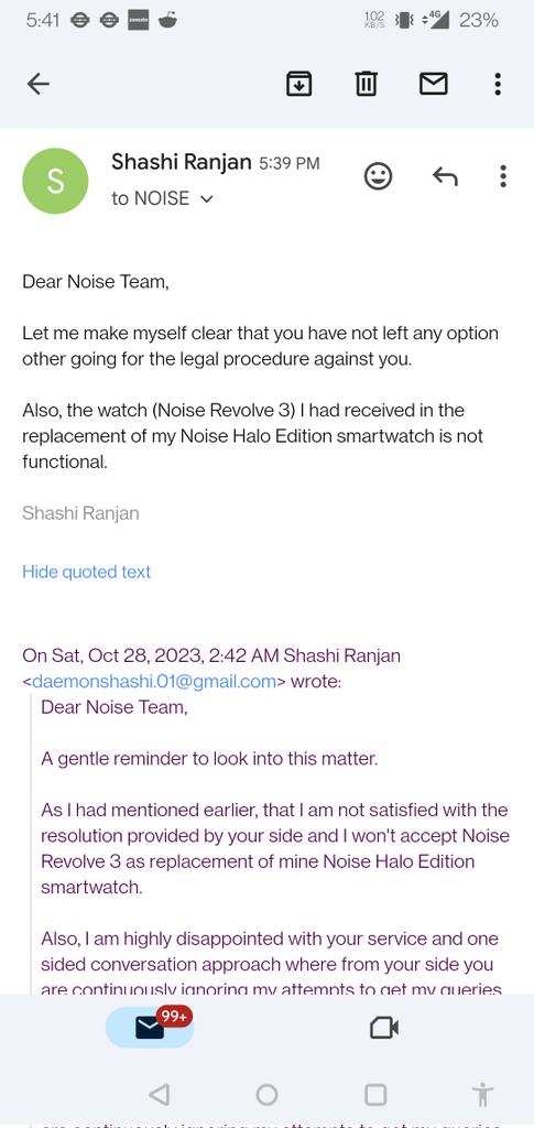 ShashiR1993's tweet photo. Thoughtful about the way @gonoise is handling the complaint and issues. Delivered a product which might have manufacturing defect...then in replacement just sent me downgraded product which is not again functional. https://t.co/LqS1mt2PRe