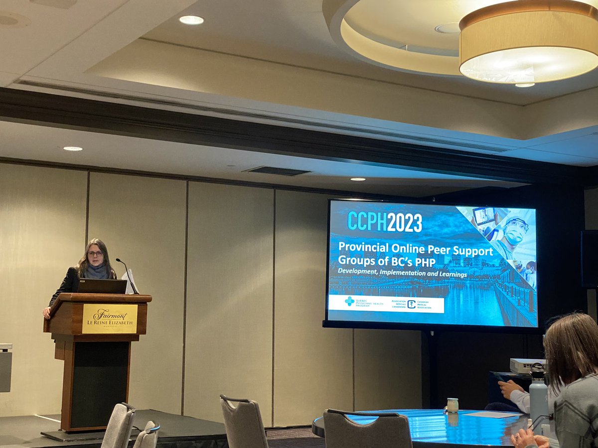 DrKathleenRoss1's tweet photo. Starting off Day 2 #CCPH2023 learning more from Dr. Karen Palmer about @DoctorsOfBC @php_bc Peer to Peer support group for physicians - increasing connection &amp; improving physician wellness &amp;increasing the likelihood of seeking medical help if needed. @CMA_Docs @JoshGreggain https://t.co/8ylqoApH0U