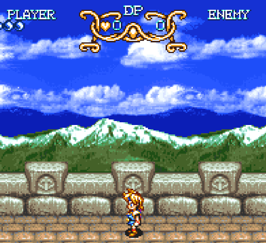 『ガイア幻想紀』（Illusion of Gaia）

日本版（左）と海外版（右）で背景の山のグラフィックが異なってる。
海外版の方が雪があったりして描写が細かい🏔️