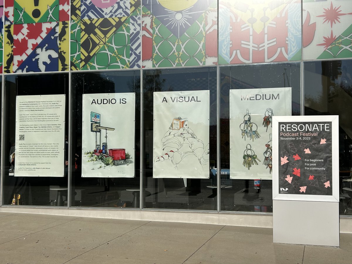 Holy Sandcats! The inaugural Audio Flux circuit is hanging out right there in the front windows of the @icacmc, with @wendymac's beautiful illustrations welcoming everyone to #ResonatePodfest! We're so honored. And can't wait for you to hear these first six Fluxworks. #AUDIOIS