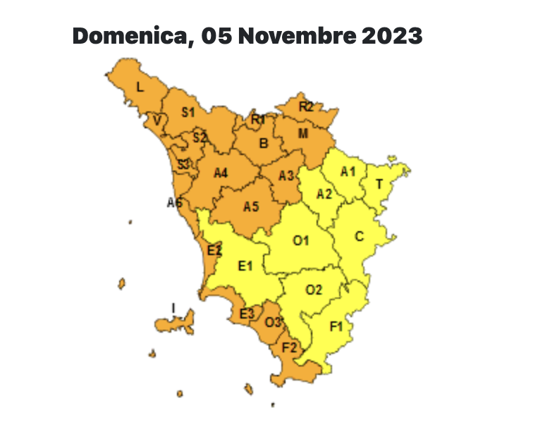 🟡🟠#allertameteoTOS - Nuovo peggioramento dalla sera di oggi. Emesso codice arancione dalle 20 alle 15 di domani, 5 novembre, per rischio idraulico e idrogeologico. 
Codice arancione per mareggiate sulla costa. 
Codice giallo per temporali e vento sul resto della Toscana.