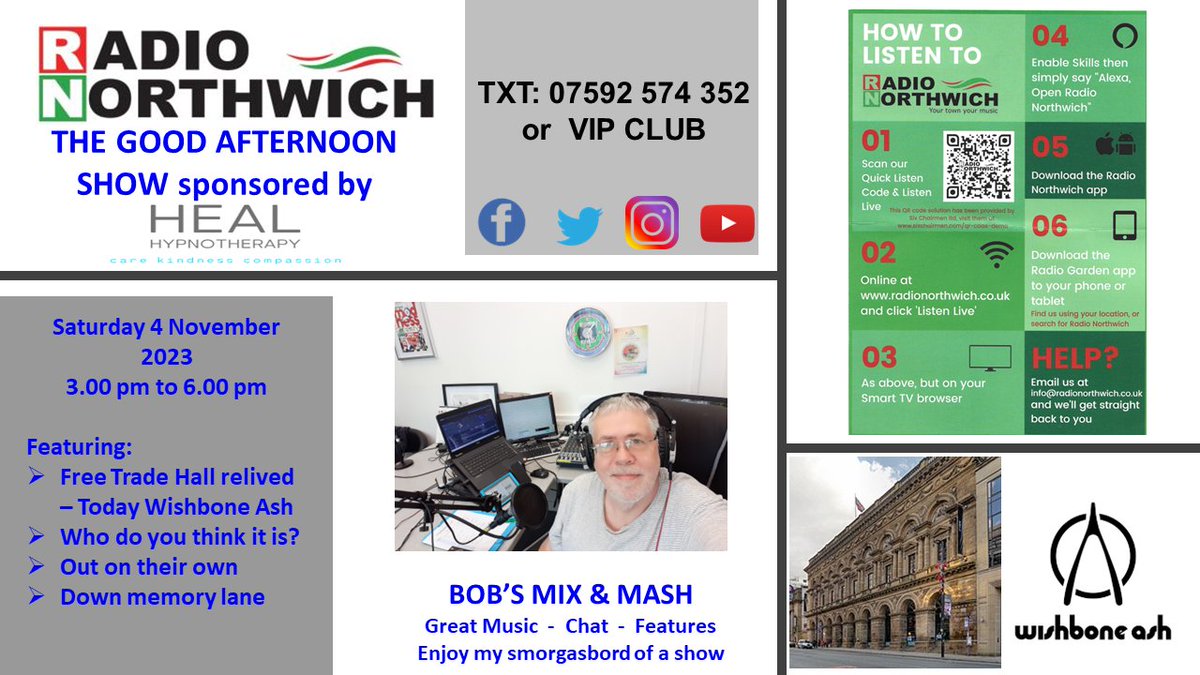 bigbobprice's tweet photo. Join me today between 3.00 pm and 6.00 pm and also tomorrow between 12.00 noon and 3.00 pm for two shows on @RadioNorthwich, both sponsored by @healhypnotherapy. These smorgasbords of shows will have something for everyone. https://t.co/9KtjVkDPMo
