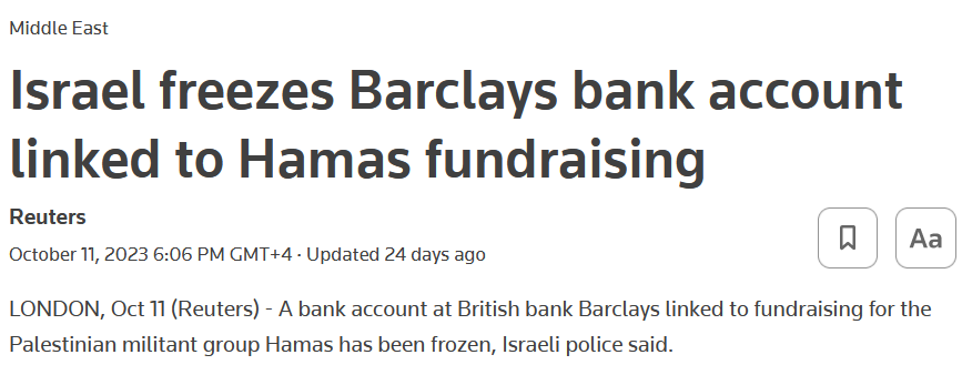 coinbureau's tweet photo. It's quite fascinating when you consider how much airtime the "Hamas used crypto" narrative got when you consider that they literally had a bank account at Barclays. https://t.co/ysIw2hd9he