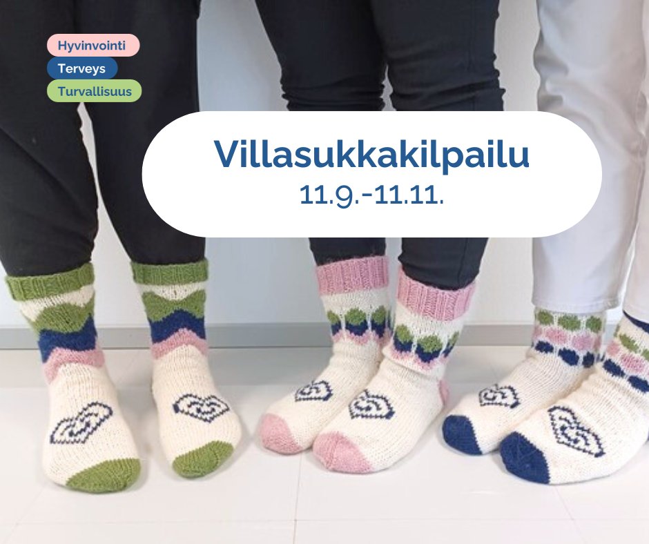 Villasukkakilpailuumme on käynnissä 11.11. asti - ehdit siis vielä hyvin osallistua! Suunnittele ja toteuta villasukkapari, joka jollakin tavalla kuvastaa hyvinvointia. Tarkemmat ohjeet löydät hyvaks.fi/kilpailut. #villasukkakilpailu #hyvaks #hyväarkikaikille
