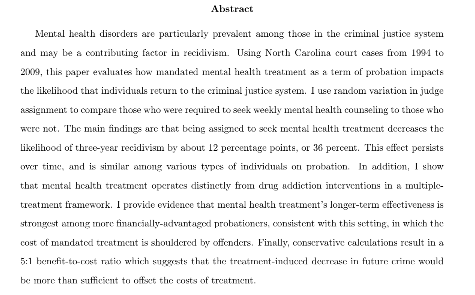 Rachel Nesbit JMP: 'The Role of Mandated Mental Health Treatment in the Criminal Justice System' Website: sites.google.com/umd.edu/econ-j…