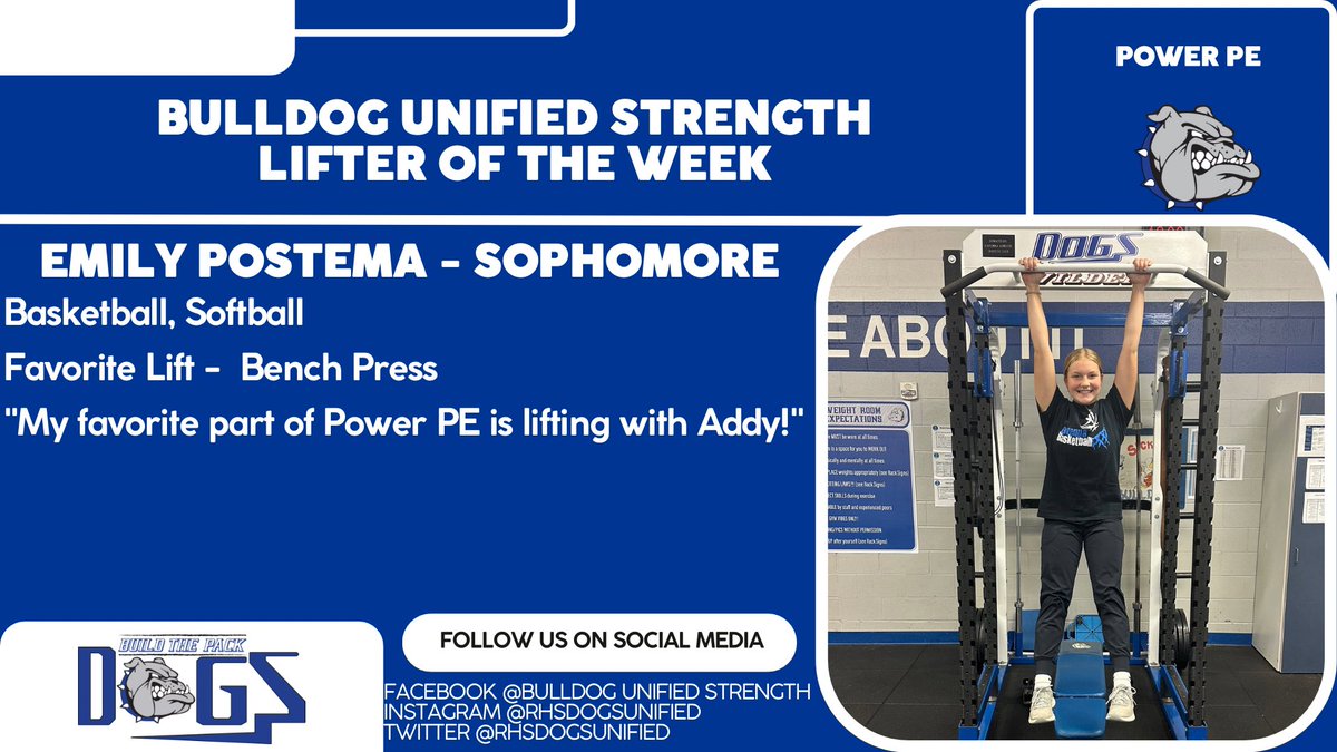 Congrats to Emily Postema for earning Bulldog Unified Strength LOTW! Don’t let Emily’s bubbly personality or weight room dance moves fool you, she is a highly driven young lady that competes! She has set goals to beat all the weight room records!
💪🏼💪🏼💪🏼
#BuildthePack
#GoDogs