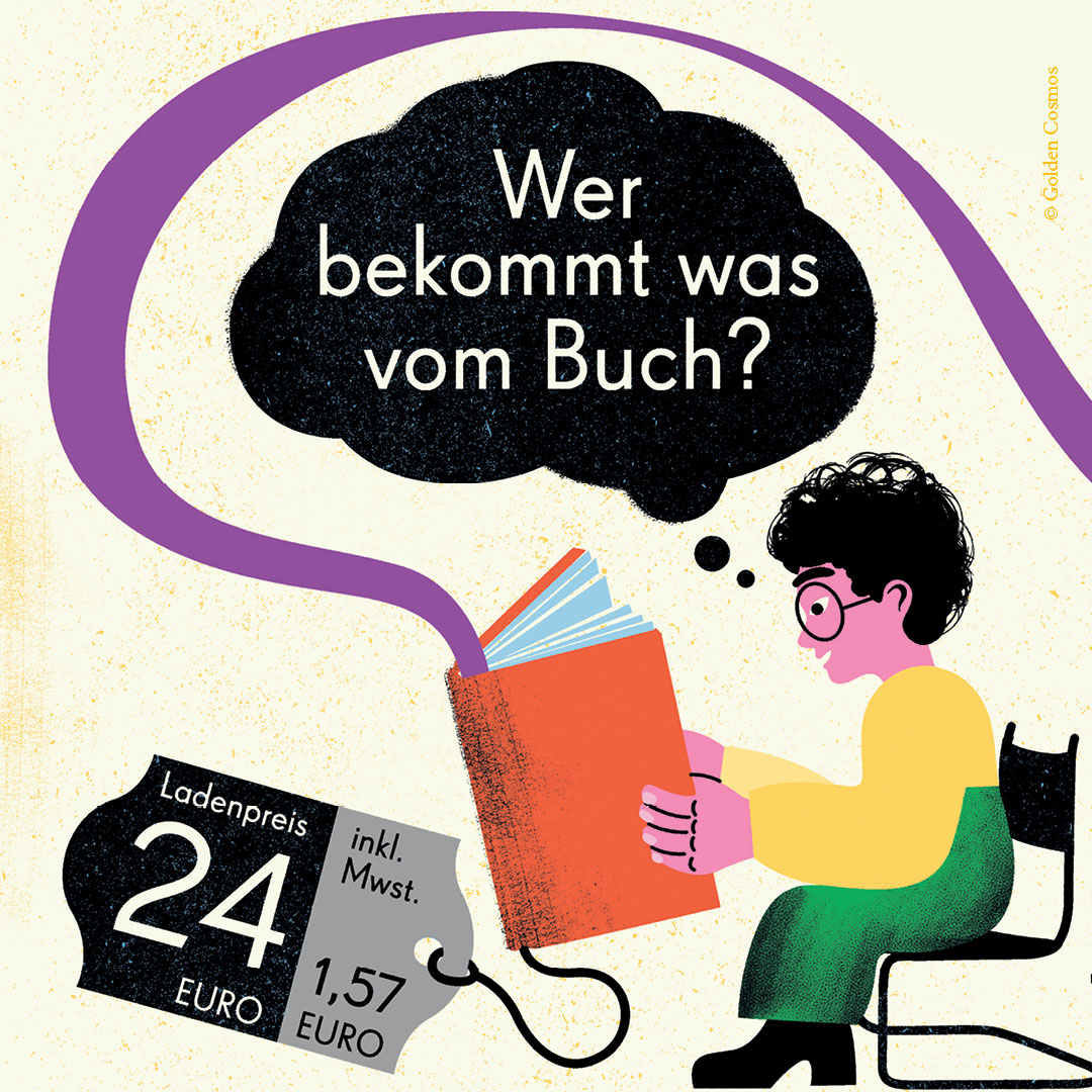 WER BEKOMMT WAS VOM BUCH? Was bekommen Autor*in, Verlag, Buchhandel usw.? Die große Infoaktion mit wunderschönem Plakat läuft gerade auf allen Kanälen. Schaut mal rein: mairisch.de/2023/10/09/wer… (Gestaltung: Golden Cosmos) #kurtwolffstiftung #werbekommtwasbuch