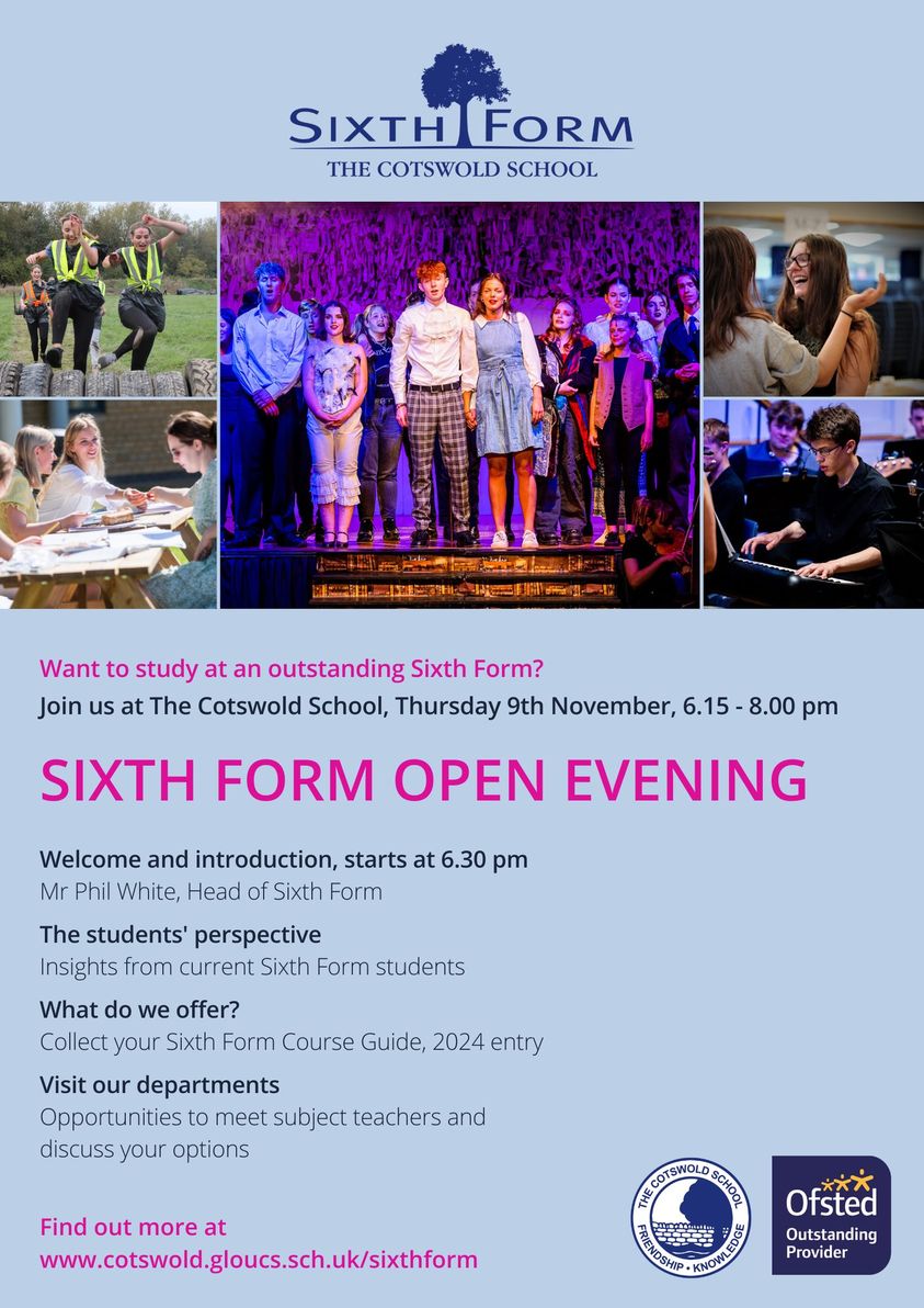 Cotswold_School's tweet image. Our Sixth Form Open Evening is fast approaching! Come and join us on Thursday 9 November, 6.15 pm - 8.00 pm.
We look forward to seeing you there!
#sixthform #openevening2023