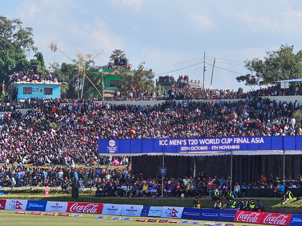 CricketBadge's tweet photo. 1/ On the cricket end, it was an utterly extraordinary occasion in Kathmandu, particularly up at the Mulpani Ground as Nepal ended a 10 year wait to qualify for the #T20WorldCup for the 2nd time.

20,000+ in and around the ground made for a spine-tingling &amp; often nervy atmosphere https://t.co/qxHHMYTiIN