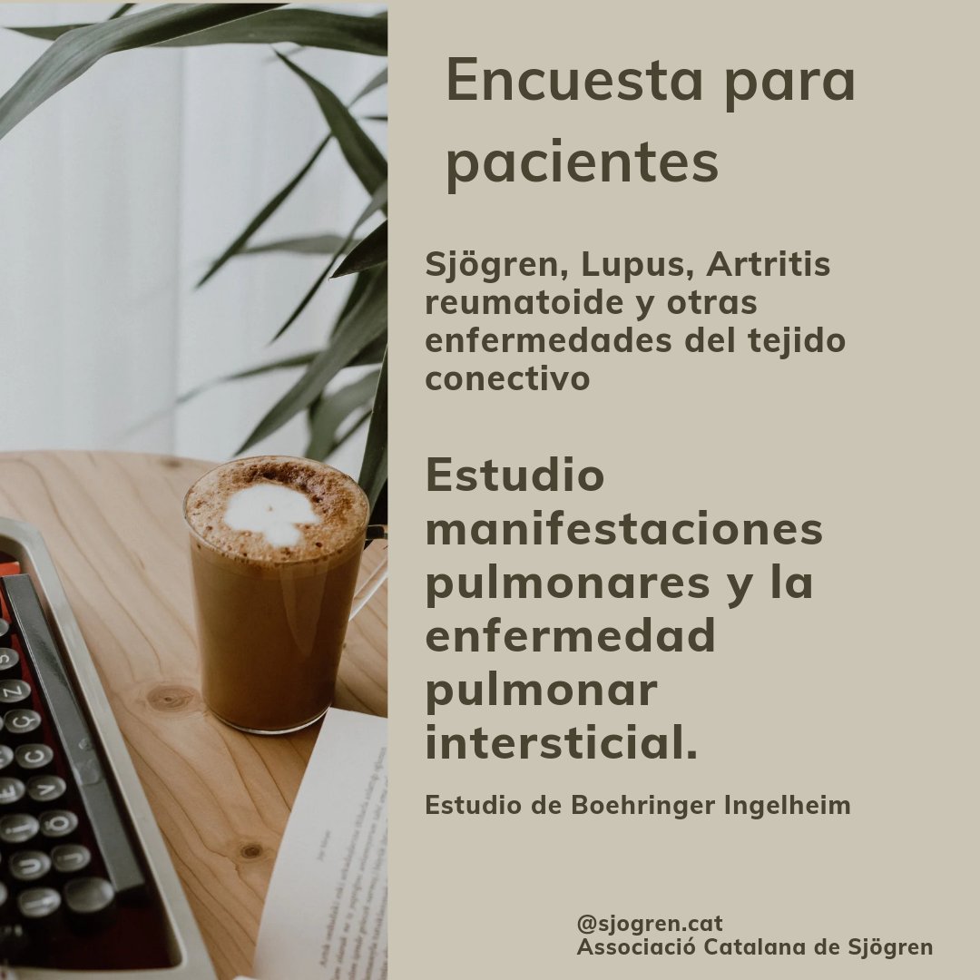 CatSjogren's tweet photo. Enquesta #pacients estudi global de @BoehringerES @Boehringer #enfermedadpulmonar #EPI #pulmonarintersticial en #sjögren #lupus #miositis #artritisreumatoide #EMC
Participa per contribuir al #diagnòstic precoç!
https://t.co/hC0mVI9jmr
#autoimmunes #reumatologia #MedTwitter https://t.co/K2A5ZEuCVB