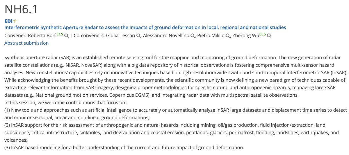 Calling for abstracts for <a href="/EuroGeosciences/">European Geosciences Union</a> EGU2024's NH6.1 session on InSAR &amp; ground deformation. Contribute your insights and experts! Convener: <a href="/RobertaBgeo3/">Roberta Bonì</a>, Giulia Tessari, Alessandro Novellino, Pietro Milillo, &amp; me. #EGU2024 #EarthObservation #Hazard #RemoteSensing