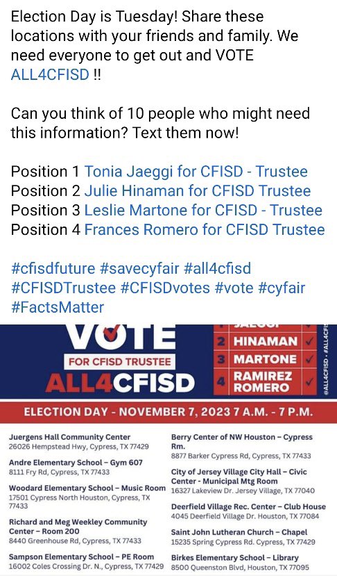 ALL4CFISD (@all4cfisd) on Twitter photo VOTE on Tuesday Nov 7! We are ALL4CFISD - 4 longtime, active volunteers in <a href="/CyFairISD/">Cypress-Fairbanks ISD</a> schools and across the community. We are supporters by parents, teachers, & small business owners, NOT political groups that want to defund our local schools.
VOTE #ALL4CFISD 🗳️ VOTE on Tuesday Nov 7! We are ALL4CFISD - 4 longtime, active volunteers in <a href="/CyFairISD/">Cypress-Fairbanks ISD</a> schools and across the community. We are supporters by parents, teachers, & small business owners, NOT political groups that want to defund our local schools.
VOTE #ALL4CFISD 🗳️