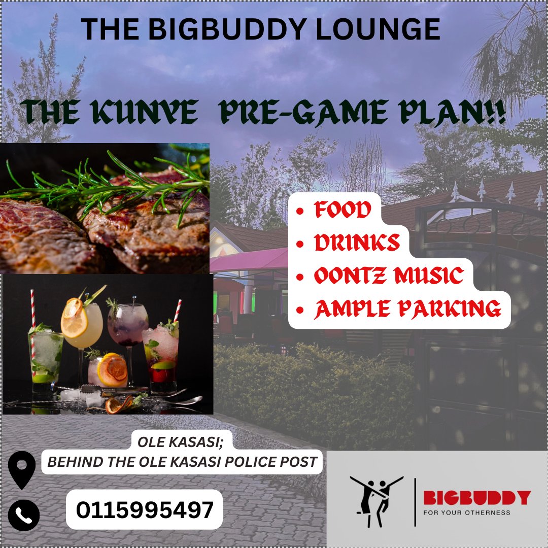 bigbuddylounge's tweet photo. TOMORROW'S PLAN IS SET! 
Let's meet up &amp; pre-game before the Kunye show down at Bigbuddy! 
We are located along Maasai Lodge Rd, behind Olekasasi Police Station. Drinks at affordable prices, great food &amp; ample parking. Le' goooo!
#gondwana #kunye #kunyetotheworld https://t.co/BhBX7tVPvx