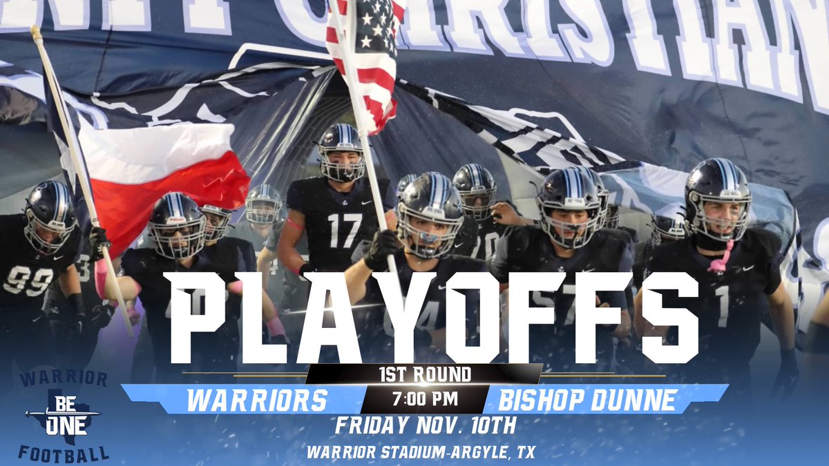 The playoffs are here! 1st Round 7pm Friday, November 10th at Warrior Stadium! Vs Bishop Dunne #Beone