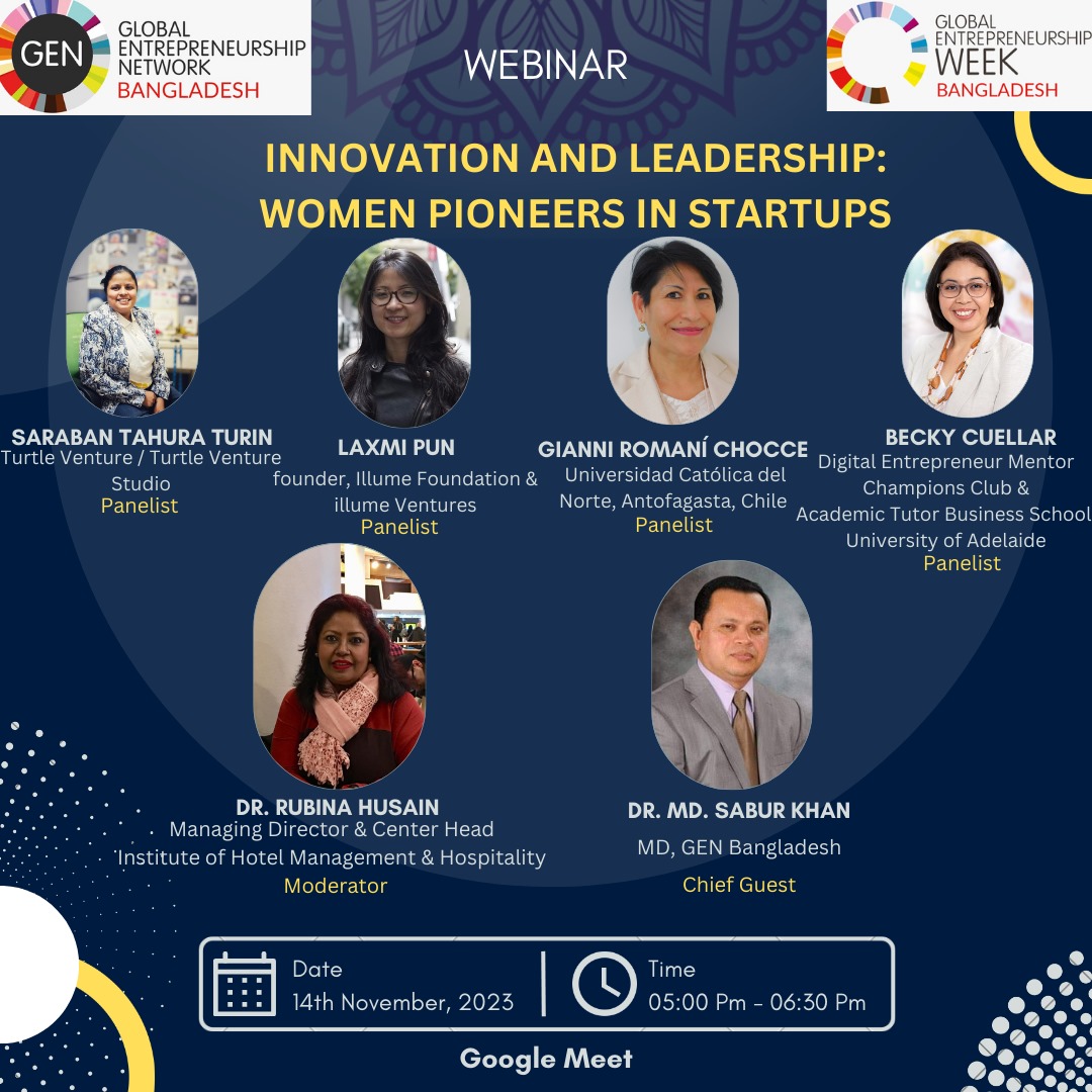La directora de nuestra red, Gianni Romaní, participará como panelista en el webinar ''Innovation and leadership: women pioneers in startups'' en el marco de la Semana Mundial del Emprendimiento, organizada por la Global Entrepreneurship Network de Bangladesh.