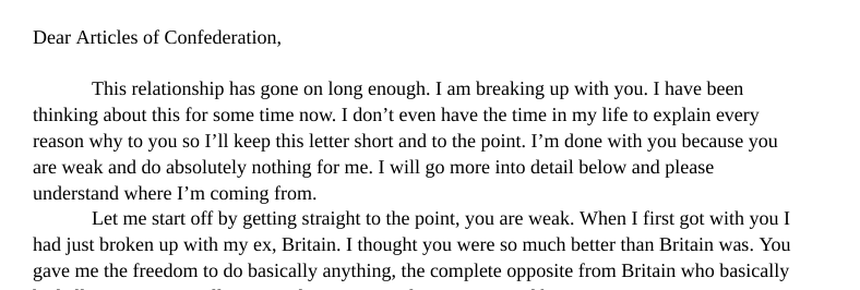 Here's a new activity where students 'break up' with a concept or term. This one has a student example of breaking up with the Articles of Confederation. He nailed it! #sschat docs.google.com/document/d/1BQ… @CAsocialstudies This would have been great at #CCSS24!