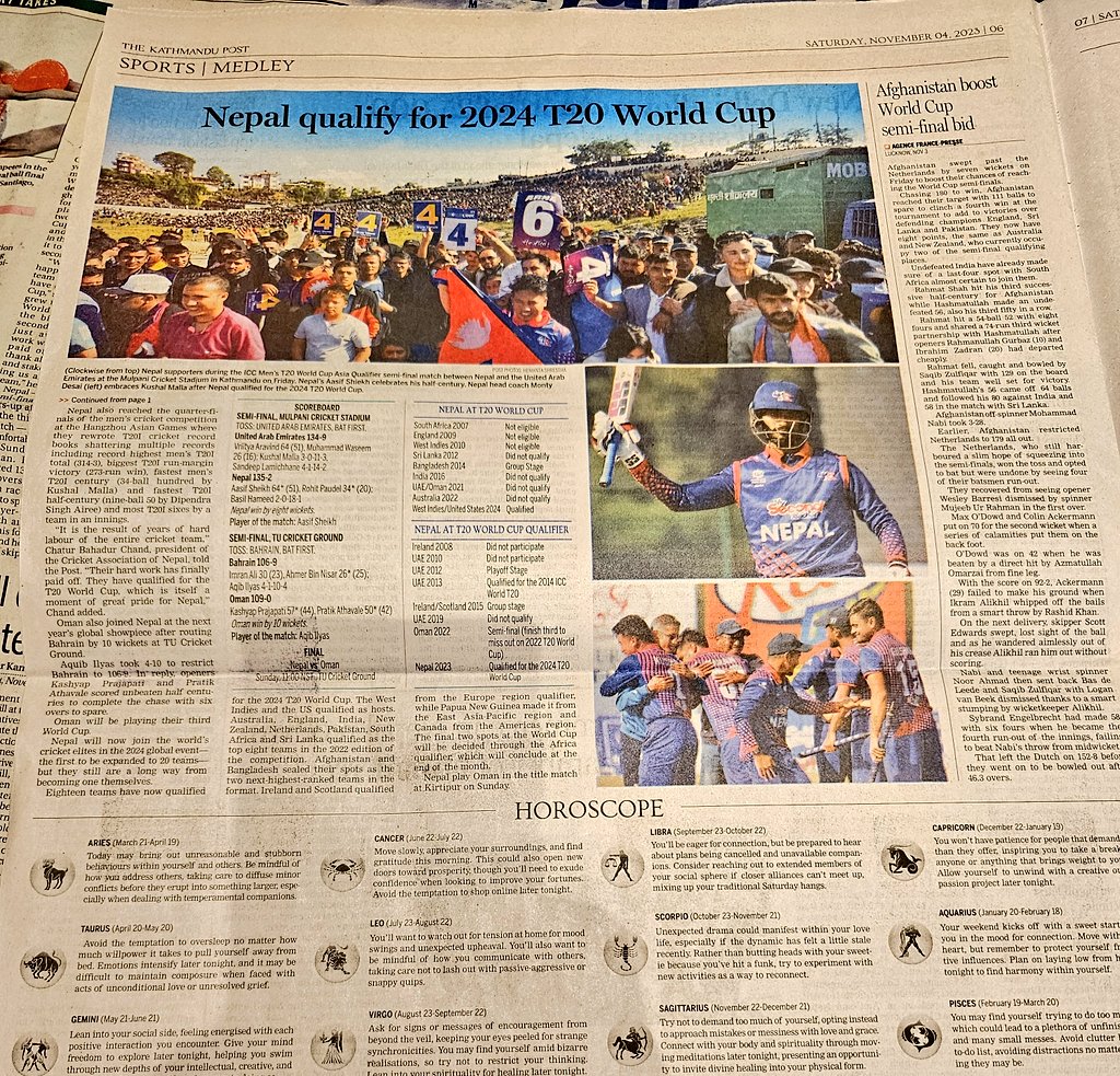 CricketBadge's tweet photo. "Nepal end decade-long wait for World Cup return"  

The front and back pages of every paper today was dedicated to the achievement of the National Cricket Team. 

These young men are lifting the nation up and are the most brilliant ambassadors for Nepal 🇳🇵

#T20WorldCup https://t.co/hOeO6foRx4