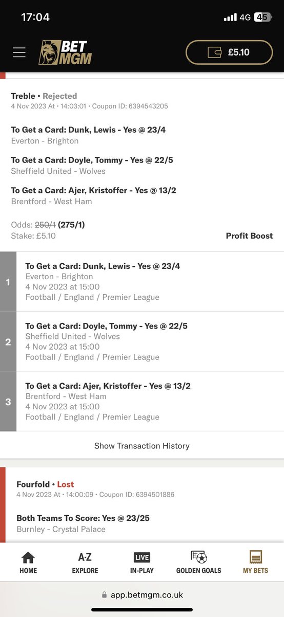 JLGaffney12's tweet photo. @TheCardDealer Would bet with them crooks again.

When you place a £5.10 bet on a multiple game players to be booked accumulator on your lunch break to see it come in then log in to your account to see @BetMGMUK  have rejected the bet bunch of crooks #payout https://t.co/oaa2q07sfC