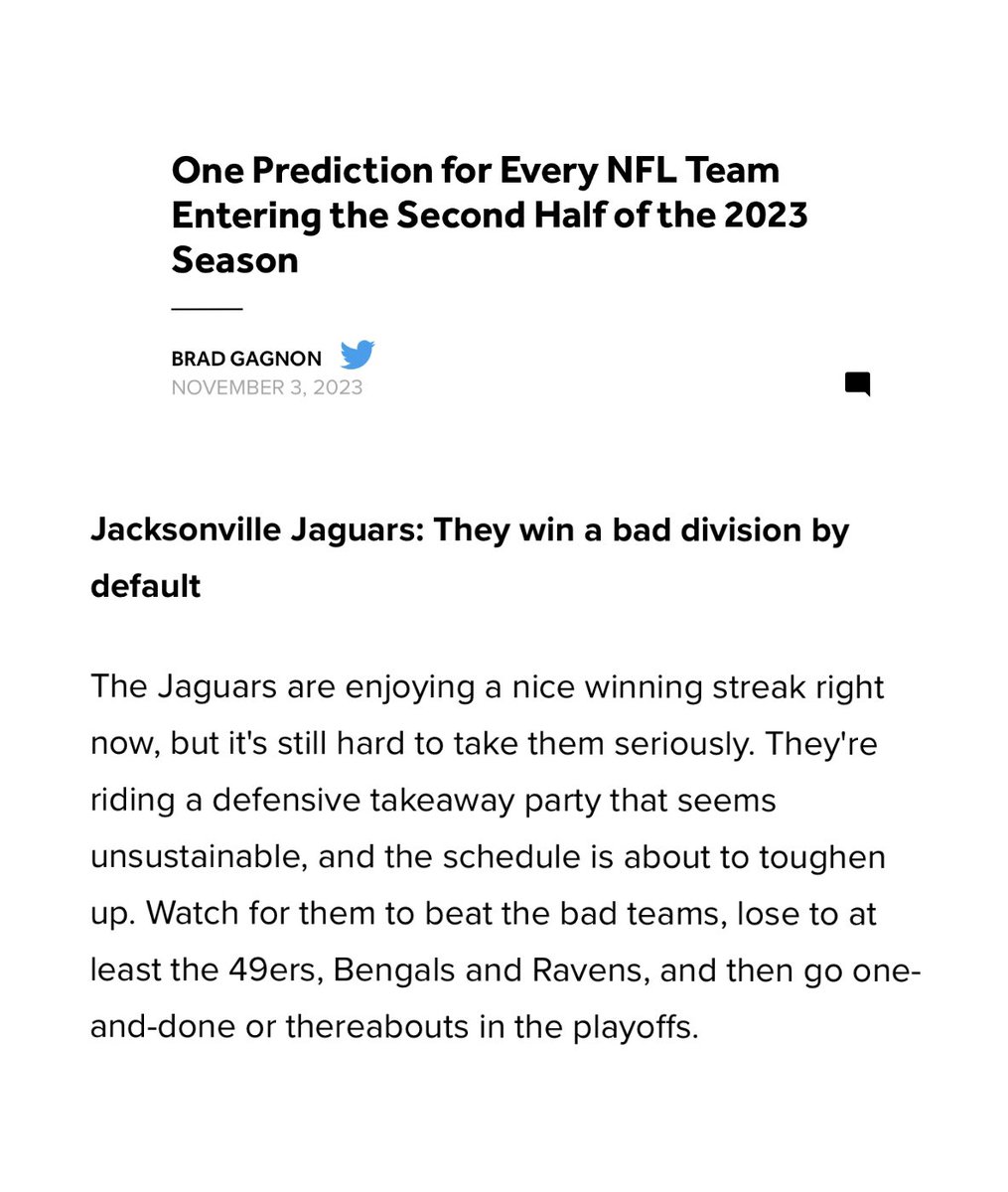 Roxo_Right's tweet photo. @1010XL I’m leaving this here so we can see how this ages… national media still thinks we’re a joke when the boys are looking good, playing great and have a chance at the top seed in the AFC. 
@Jaguars keep being great and continue making Duval proud!! #dtwd https://t.co/LuFrjjdVFA