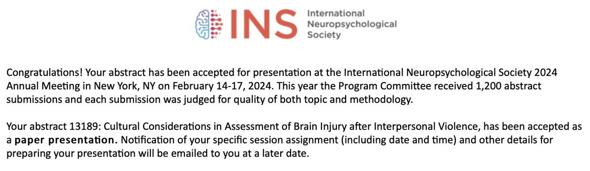 Very excited to be presenting at #INS2024inNYC! Paper on culture and #TBI in domestic violence, & poster on culture and prospective memory- w/ @acamuya and non-twitter members of ReMind lab! @TrinityNeuro @TrinCollNews @drgarayserratos @INSneuro @SCN_WIN @PinkConcussions