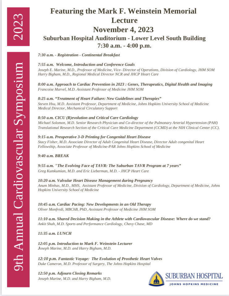 Joseph Marine (@drjmarine) on Twitter photo Honored to host renowned <a href="/hopkinsheart/">Johns Hopkins Cardiology</a> surgeon Dr. Duke Cameron as the Mark F. Weinstein lecturer at 9th Annual <a href="/SuburbanHosp/">Suburban Hospital JHM</a> CV Symposium today. A “fantastic voyage” through the history of prosthetic heart valves. Thanks to all our great speakers! Honored to host renowned <a href="/hopkinsheart/">Johns Hopkins Cardiology</a> surgeon Dr. Duke Cameron as the Mark F. Weinstein lecturer at 9th Annual <a href="/SuburbanHosp/">Suburban Hospital JHM</a> CV Symposium today. A “fantastic voyage” through the history of prosthetic heart valves. Thanks to all our great speakers! 