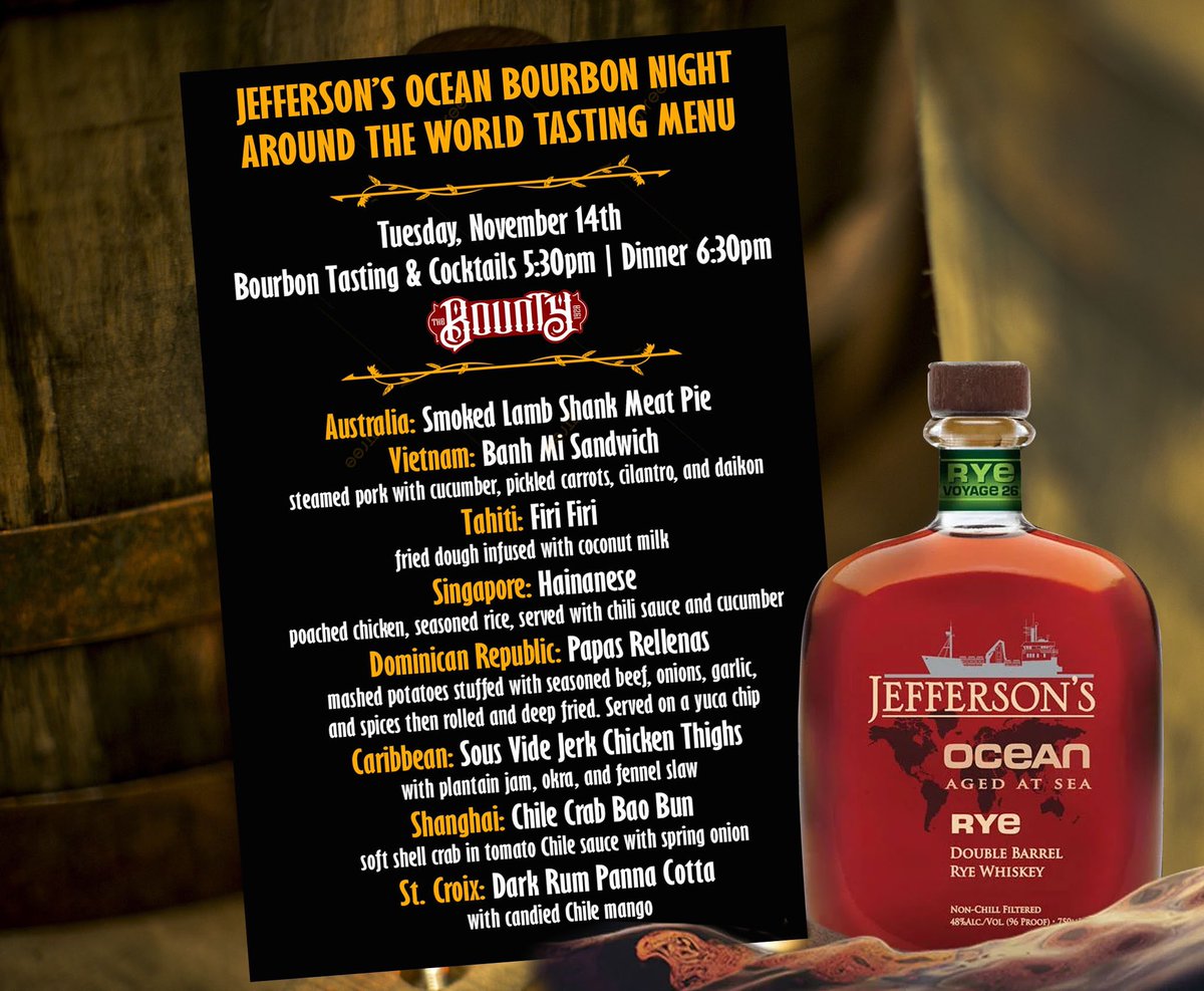 Take a culinary journey featuring Jefferson's Ocean Bourbon! Experience tastes influenced by the most iconic foods from the regions where the boats travel and that give Jefferson's it's unique flavor profile.

Where: The Bounty
When: Nov 14th 5:30pm
FlaglerTavern.com/shop