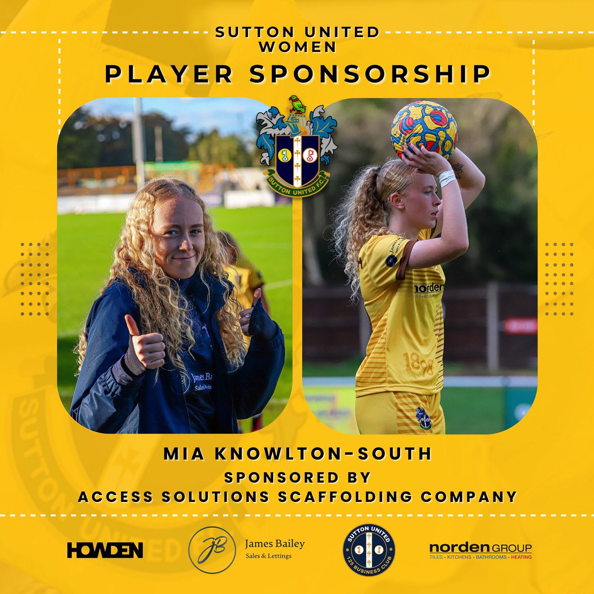 SuttonUtdWomen's tweet photo. ✨💛 A big thank you to Access Solutions Scaffolding for sponsoring Mia! We really appreciate your support! 💛✨

ℹ️ For player sponsorship enquiries please contact Phil:
📧 phil.tattersall@suttonunited.net 

📸 @sjpphotographyy 

#SuttonUtdWomen #SuttonUnited 
💛🤎 https://t.co/7tZoatGRp0