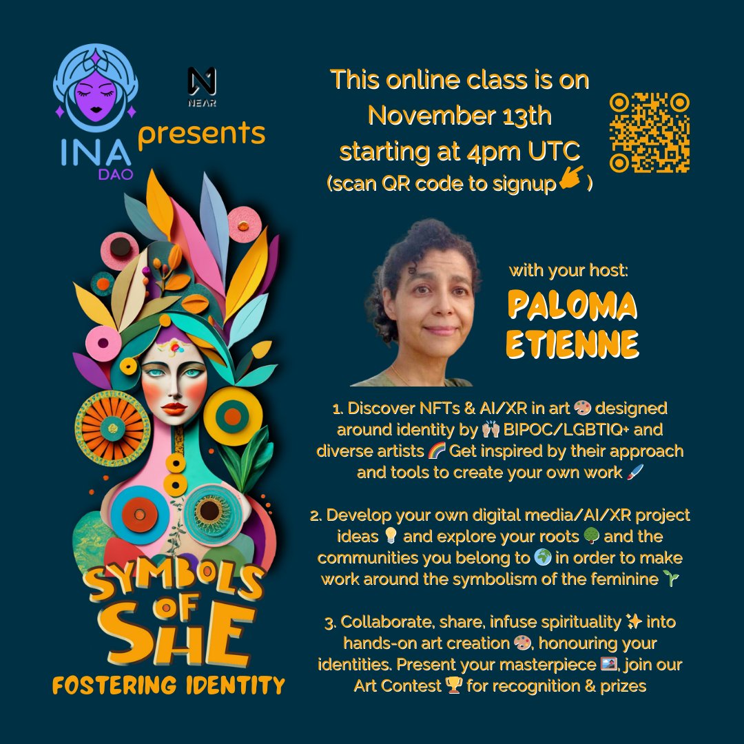 INA DAO (@dao_ina) on Twitter photo ANNOUNCEMENT‼️
Share this to everyone to join this online workshop, Only 15 participants can be eligible to enter the art contest and win for $600 USDce in total
Fostering Identity by Paloma Etienne <a href="/ssplashh/">Paloma Etienne #DAOAshé 🔥🏳️🌈 💪🏽🦓</a>
We are going to discover and develop your NFTs & AI/XR in arts💜 ANNOUNCEMENT‼️
Share this to everyone to join this online workshop, Only 15 participants can be eligible to enter the art contest and win for $600 USDce in total
Fostering Identity by Paloma Etienne <a href="/ssplashh/">Paloma Etienne #DAOAshé 🔥🏳️🌈 💪🏽🦓</a>
We are going to discover and develop your NFTs & AI/XR in arts💜