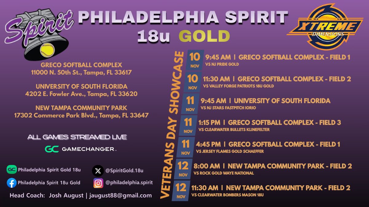 Lexa Santos 2025 (@lexasantos_2025) on Twitter photo Heading to Tampa next weekend with <a href="/SpiritGold18U/">Philadelphia Spirit Gold 18u</a> for our last tournament of the fall. Here is our schedule for the Xtreme Dimensions Veterans Day Showcase. Heading to Tampa next weekend with <a href="/SpiritGold18U/">Philadelphia Spirit Gold 18u</a> for our last tournament of the fall. Here is our schedule for the Xtreme Dimensions Veterans Day Showcase.