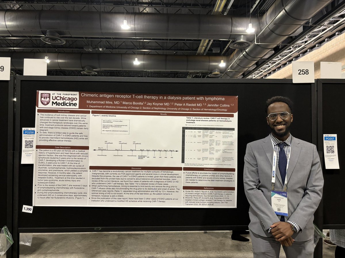 Stellar work by <a href="/MedChiefs/">MedChiefs</a> PGY3 and future nephew-all-star Dr. Mire presenting our work providing ESRD care for a patient in need of CAR-T for treatment of her lymphoma. Nice collaborative effort between <a href="/uofcneph/">University of Chicago Nephrology</a> <a href="/Nephr0s/">Marco Bonilla</a> and <a href="/UCHemOncFellows/">University of Chicago Hem/Onc Fellows</a>  #KidneyWk