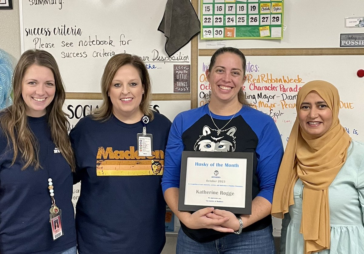 CVME 4th Grade (@cvme4thgrade) on Twitter photo Congratulations to <a href="/miss_rogge/">Katherine Rogge, M.Ed., NBCT</a> for being named the Husky of the Month for October! She leads our ELA team, sponsors our Destination Imagination & National History Day, & is a National Board candidate! She makes an #impact in & out of the classroom! <a href="/FortBendISD/">Fort Bend ISD</a> <a href="/CVME_Huskies/">Madden Elementary</a> Congratulations to <a href="/miss_rogge/">Katherine Rogge, M.Ed., NBCT</a> for being named the Husky of the Month for October! She leads our ELA team, sponsors our Destination Imagination & National History Day, & is a National Board candidate! She makes an #impact in & out of the classroom! <a href="/FortBendISD/">Fort Bend ISD</a> <a href="/CVME_Huskies/">Madden Elementary</a>