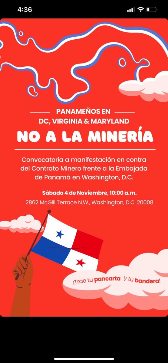 SRTurtleIsland's tweet photo. ATT: EVERYONE NEAR WASHINGTON D.C.

Stand with #Panama &amp; #protest against #FirstQuantum's killer 20-40yr #CobrePanama open-pit #mining contract

🕙10AM
🇵🇦Panama Embassy

Please like + share

Por favor comparta y enumere cualquier protesta sobre Panamá

#PanamáValeMásSinMinería https://t.co/aBElZXpkrh