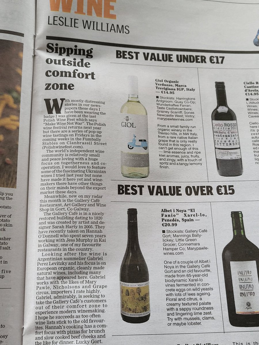 MaryPawleWines's tweet photo. On a sunny Saturday morning, when newspaper headlines are grim, it's a lovely surprise to see 3 of my wine imports included in @LesliesWineFood @irishexaminer Weekend magazine. @AlbetiNoya @Amastuola and #Giol Great mention of The Gallery Café in Gort too. https://t.co/jb4kyE7rXE