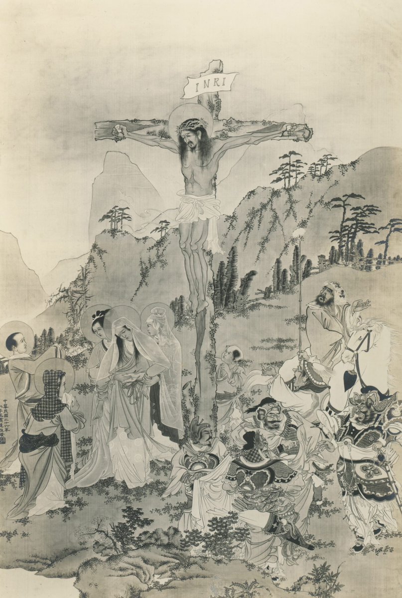 TheChurchInAsia's tweet photo. This Catholic print was created in 1937 in Beijing, China, and features intricate details of the Crucifixion. For example, the casting of lots and the mourning women of Jerusalem. https://t.co/UQS0wdPxg2